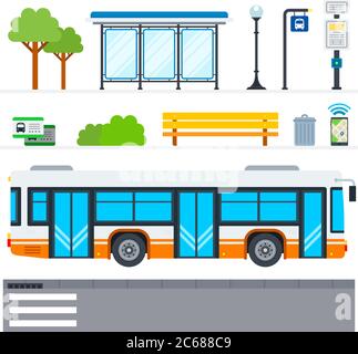 City Bus Vektor flache Symbole mit öffentlichen Verkehrsmitteln Haltestelle auf weiß gesetzt Stock Vektor