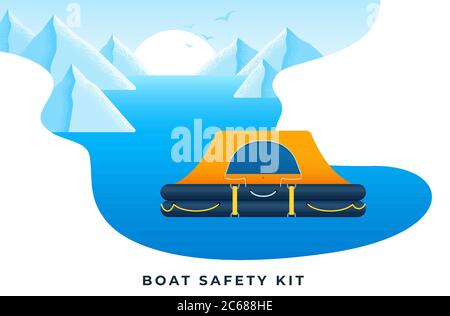 Sicherheitskit für Boote. Bergkulisse und ein See in blauer Farbe Vektor-flache Abbildung. Stock Vektor