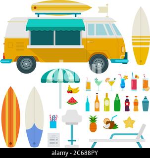 Reise LKW Strand mit Getränke Vektor flache Illustration. Set mit Bus, Surfbrett, Cocktails, Sonnenliege, Obst, Sonnenschirm für Website-Shop. Isoliert ein Stock Vektor
