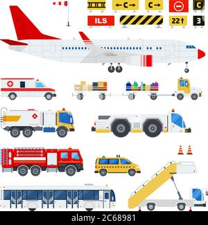 Flughafen Transport und Straßenschilder am Flughafen Vektor flache Material Design-Set. Krankenwagen, Feuerwehrauto, Leiter auf Rädern, Personenbus, Taxi Stock Vektor