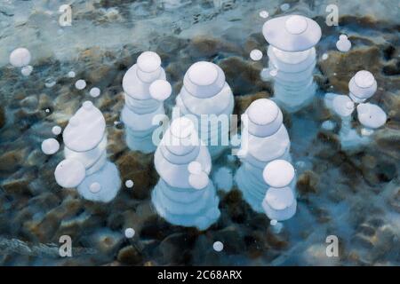 Blasenmuster im Wintermideis, Abraham Lake, Alberta, Kanada Stockfoto