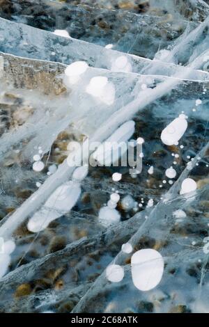 Blasenmuster im Wintermideis, Abraham Lake, Alberta, Kanada Stockfoto