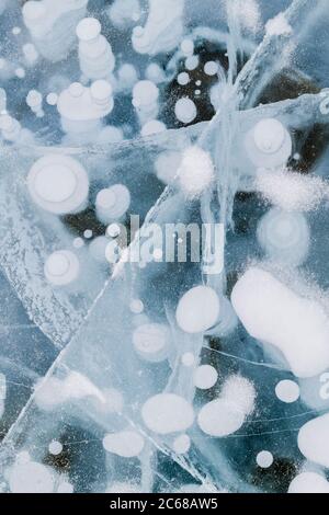 Blasenmuster im Wintermideis, Abraham Lake, Alberta, Kanada Stockfoto