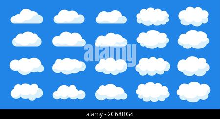 Wolke Set flach Cartoon-Stil. Verschiedene volumetrische Wolken mit Schatten. Symbol, Form wolkigen Himmel. Weiße abstrakte Natur Wetter Elemente Kollektion. Auf blauem Hintergrund isolierte Vektordarstellung Stock Vektor
