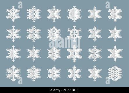 Schneeflocke Flocke Silhouette Set. Mehrlagiger Papierschnitt. Origami von Schnee verschiedene Form. Dekorative Elemente für saisonale Winterferien Banner oder Weihnachten und Happy New Year isoliert Vektor-Illustration Stock Vektor