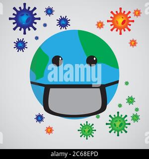 vektor-Illustration der Erde mit Masker. Vorwegnahme von Koronaerkrankungen. Stock Vektor