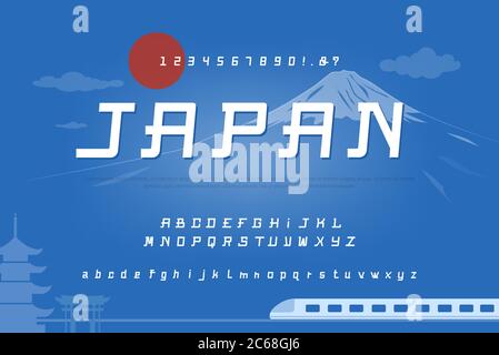 Alphabet Schriftart mit Zahlen auf bunten blauen einzigartigen Japan Thema Hintergrund gesetzt Stock Vektor