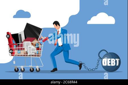 Geschäftsmann an große schwere Schulden Gewicht mit Fesseln, Ziehen Warenkorb mit Hausbau, Auto, Laptop, tv, Quittung prüfen verkettet. Steuern, Schulden, Gebühren, Krisen, Konkurs. Flache Vektorgrafik Stock Vektor