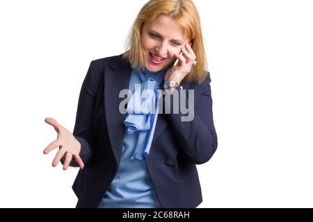 Plus Größe kaukasischen Geschäftsbüro Frau. Isoliert in weiß. Telefonieren, streiten und gestikulieren Stockfoto