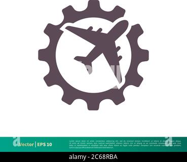 Flugzeug und Getriebe Symbol Vektor Logo Vorlage Illustration Design. Editierbarer Vektor EPS 10. Stock Vektor