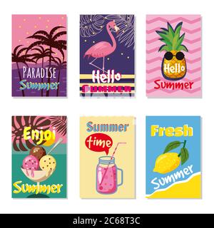 Vektor-Set von hellen Sommerkarten. Schöne Sommer Poster mit Ananas, Wassermelone, Zitrone, Palmblätter und handgeschriebendem Text. Journalkarten Stock Vektor
