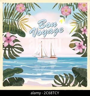 Vintage Seaside Sommer Ansicht Poster. Seesanppe, Schiff, Blumen. Vektorhintergrund, Illustrationen Stock Vektor