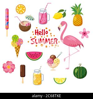 Set von tropischen Blättern, niedlichen Sommer-Ikonen, Eis, Flamingo Vogel und tropischen Blumen, Cartoon-Stil, isoliert Stock Vektor