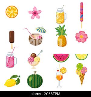 Set von tropischen niedlichen Sommer-Ikonen, Früchte, Eis tropischen Kakadus Cartoon-Stil, isoliert Stock Vektor