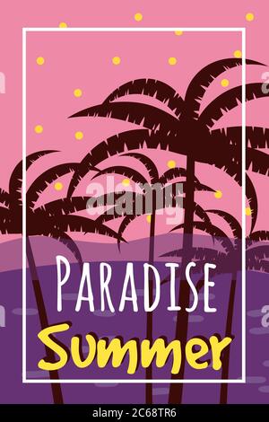 Sommer tropischer Hintergrund mit Palmen, Himmel und Sonnenuntergang. Einladungskarte für das Sommerposter. Sommerzeit. Vektor, isoliert Stock Vektor