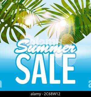 Verkauf Sommer Banner, Poster mit tropischen Blättern, Dschungelblatt. Meer tropischen Sommer Hintergrund. Vektorgrafik EPS10 Stock Vektor
