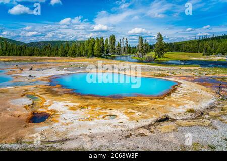 Die farbenfrohen Pools mit heißen Quellen im Yellowstone National Park, Wyoming. Stockfoto