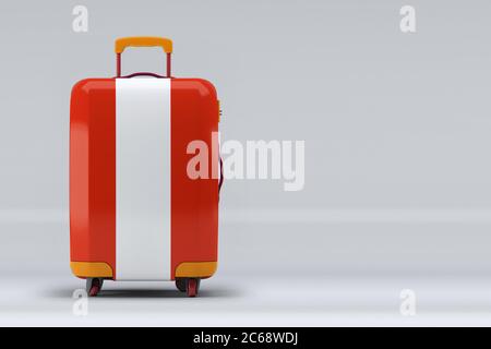 Österreichische Nationalflagge auf einem stilvollen Koffer auf farbigem Hintergrund. Leerzeichen für Text. Internationales Reise- und Tourismuskonzept. 3D-Rendering. Stockfoto