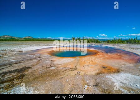 Die farbenfrohen Pools mit heißen Quellen im Yellowstone National Park, Wyoming. Stockfoto