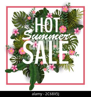 Design eines Banners mit einem Logo von heißen Sommer Verkauf. Angebot zur Förderung mit Sommer tropischen Pflanzen, Blätter und Blumen Dekoration. Vektor, Illustration Stock Vektor