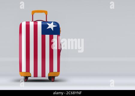 Liberia Nationalflagge auf einem stilvollen Koffer auf farbigem Hintergrund. Leerzeichen für Text. Internationales Reise- und Tourismuskonzept. 3D-Rendering. Stockfoto