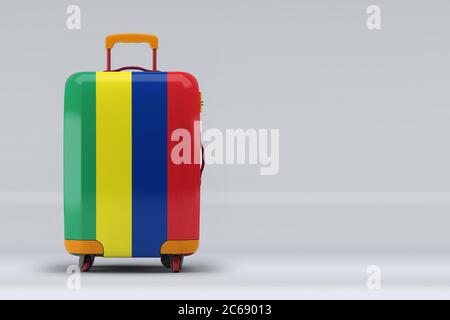 Mauritius Nationalflagge auf einem stilvollen Koffer auf farbigem Hintergrund. Leerzeichen für Text. Internationales Reise- und Tourismuskonzept. 3D-Rendering. Stockfoto