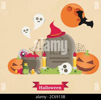 Halloween Concept Banner mit flachem Icon Set auf orangefarbener strukturierter Kulisse. Vektorgrafik: Flache Darstellung. Halloween Zeichen und Symbole. Stock Vektor