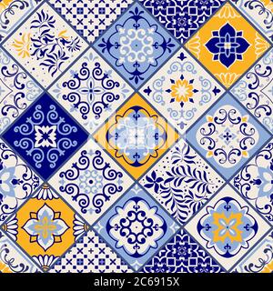 Nahtlos buntes Patchwork im türkischen Stil. Azulejos Fliesen Patchwork. Einrichtung in Portugiesisch und Spanien. Islam, Arabisch, Indisch, Ottomane Motiv. Stock Vektor