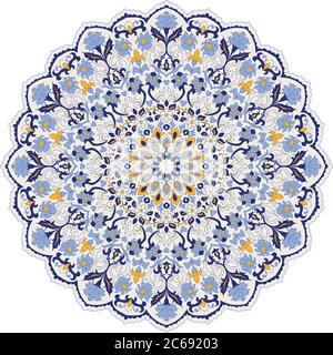 Handgezeichnetes Mandala mit Blumenmuster. Türkisches Motiv. Runder, farbenfroher Blumenschmuck im traditionellen orientalischen Muster. Isoliertes Dekorelement. Stock Vektor