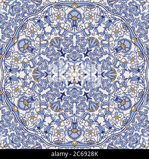 Nahtloses, farbenfrohes Muster mit türkischem Motiv. Handgezeichnetes, nahtloses abstraktes Muster aus floralem Mandala. Majolika Keramik Fliesen, blau, gelb Azulejo. Stock Vektor