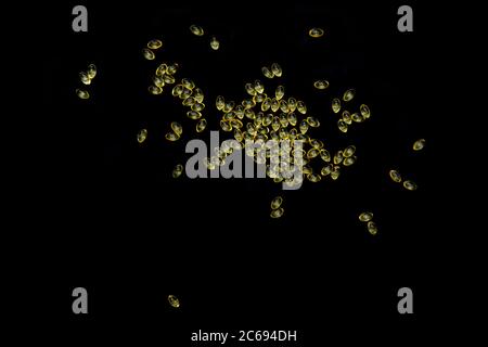 Vitamin d oder Omega 3 Gel Kapseln auf schwarzem Hintergrund isoliert verstreut. Gruppe von Vitaminen aus der Nähe. Stockfoto