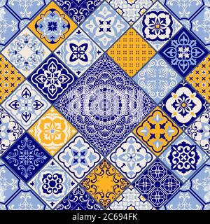 Nahtlos buntes Patchwork im türkischen Stil. Azulejos Fliesen Patchwork. Einrichtung in Portugiesisch und Spanien. Islam, Arabisch, Indisch, Ottomane Motiv. Stock Vektor