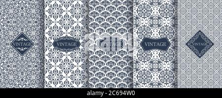 Set von Vintage nahtlose Damast Muster für Luxus-Verpackungsdesign. Sammlung von eleganten Vektor Ornament. Stoffdruck. Tapeten, Fliesen, Textilien. Stock Vektor