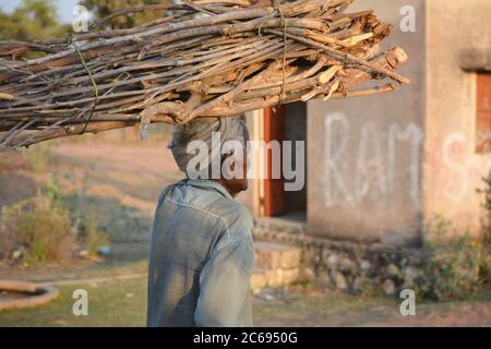 TIKAMGARH, MADHYA PRADESH, INDIEN - 24. MÄRZ 2020: Nicht identifizierter Mann im ländlichen Alter, der Brennholz auf der Straße trägt. Stockfoto