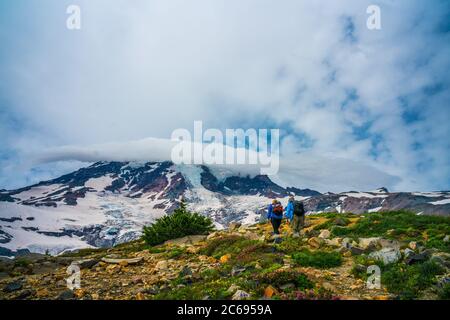 Der Blick vom Panorama Point im Mount Rainier National Park, in Washington, an einem bewölkten Tag. Stockfoto