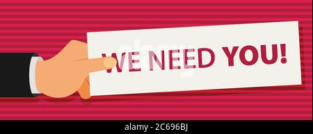 Hand hält ein Stück Papier mit Text Wir brauchen Sie, Vektorgrafik Stock Vektor