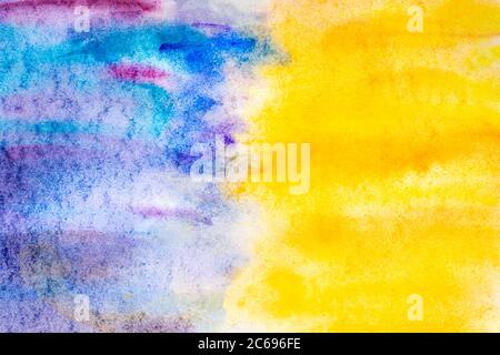 Abstrakter blauer und gelber Aquarellhintergrund auf Weiß. Speicherplatz kopieren. Vor- und Nachteile Konzept. Stockfoto