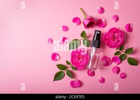 Rosenwasser Spray mit rosa frischen Blumen und Blütenblättern auf rosa Hintergrund mit Kopierraum Stockfoto