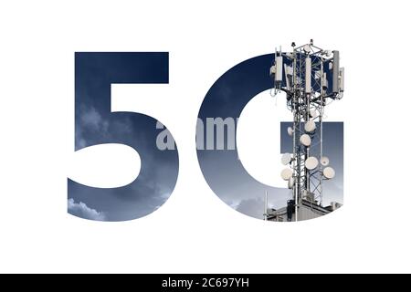 Sender im 5G-Netzsymbol Stockfoto