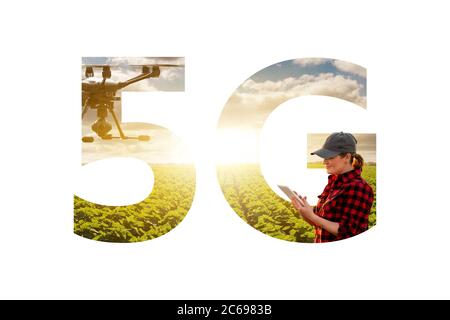 5G-Netz für Steuerdrohne auf einer Smart Farm. Stockfoto