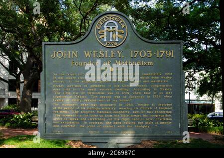 Ein historischer Marker für John Welsley 1703-1791 Gründer der Methodisten. Gelegen in Savannah, Georgia. Stockfoto