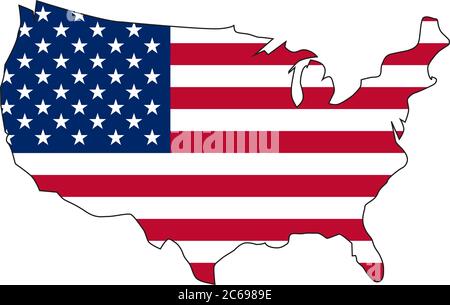 Vektor-Illustration der wehenden amerikanischen Flagge auf dunklem Hintergrund. USA Flagge mit Silhouette Karte von USA. Stock Vektor