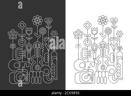 Strichbilder isoliert auf einem dunkelgrauen und auf einem weißen Hintergrund Blumen und Musikinstrumente Vektor-Illustrationen. Gitarre, Saxophon, Klaviertastatur, trum Stock Vektor