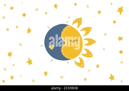 Sonne, Sterne und Mond. Vektorgrafik. Nacht und Tag Himmel. Stock Vektor