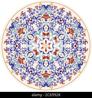 Handgezeichnetes Mandala mit Blumenmuster. Türkisches Motiv. Runder, farbenfroher Blumenschmuck im traditionellen orientalischen Muster. Isoliertes Dekorelement. Stock Vektor