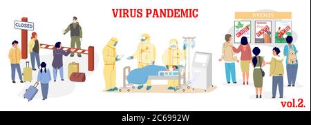 Vektordarstellung „Virusepidemie“. Coronavirus-Prävention von Atemwegserkrankungen. Geschlossene Grenzen, Intensivstation und Ärzte in Schutzanzügen, Quarantäne Stock Vektor