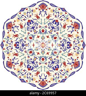Handgezeichnetes Mandala mit Blumenmuster. Türkisches Motiv. Runder, farbenfroher Blumenschmuck im traditionellen orientalischen Muster. Isoliertes Dekorelement. Stock Vektor