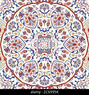 Nahtloses, farbenfrohes Muster mit türkischem Motiv. Handgezeichnetes, nahtloses abstraktes Muster aus floralem Mandala. Majolika Keramik Fliesen, blau, gelb Azulejo. Stock Vektor