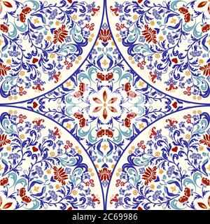 Nahtloses, farbenfrohes Muster mit türkischem Motiv. Handgezeichnetes, nahtloses abstraktes Muster aus floralem Mandala. Majolika Keramik Fliesen, blau, gelb Azulejo. Stock Vektor