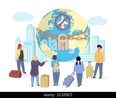 Vermeiden Sie Reisen zu stoppen Coronavirus Pandemie, Vektor-flache Illustration Stock Vektor